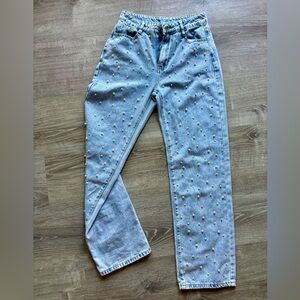 Stylish pearls beaded light blue jeans